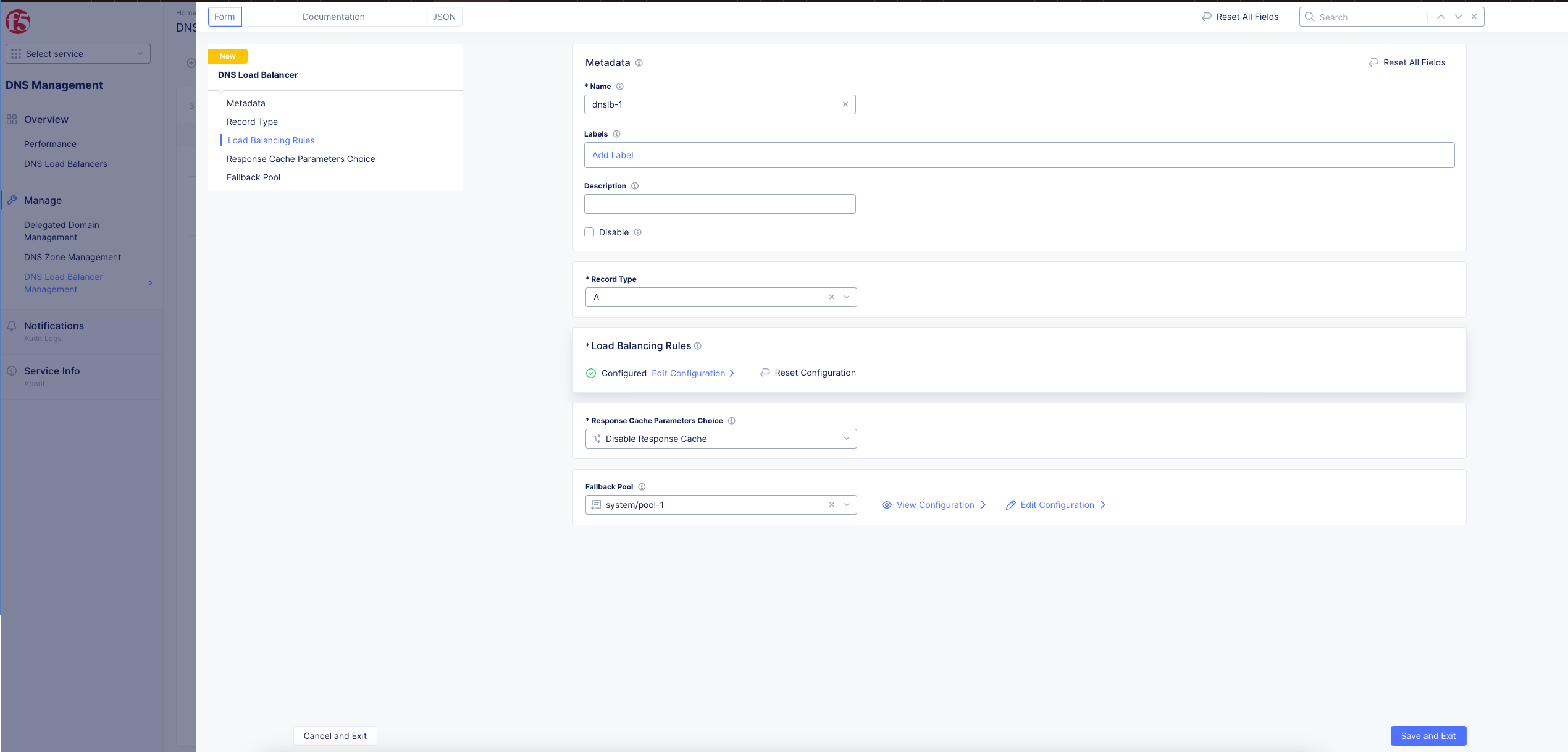 Figure: DNS Load Balancer Settings