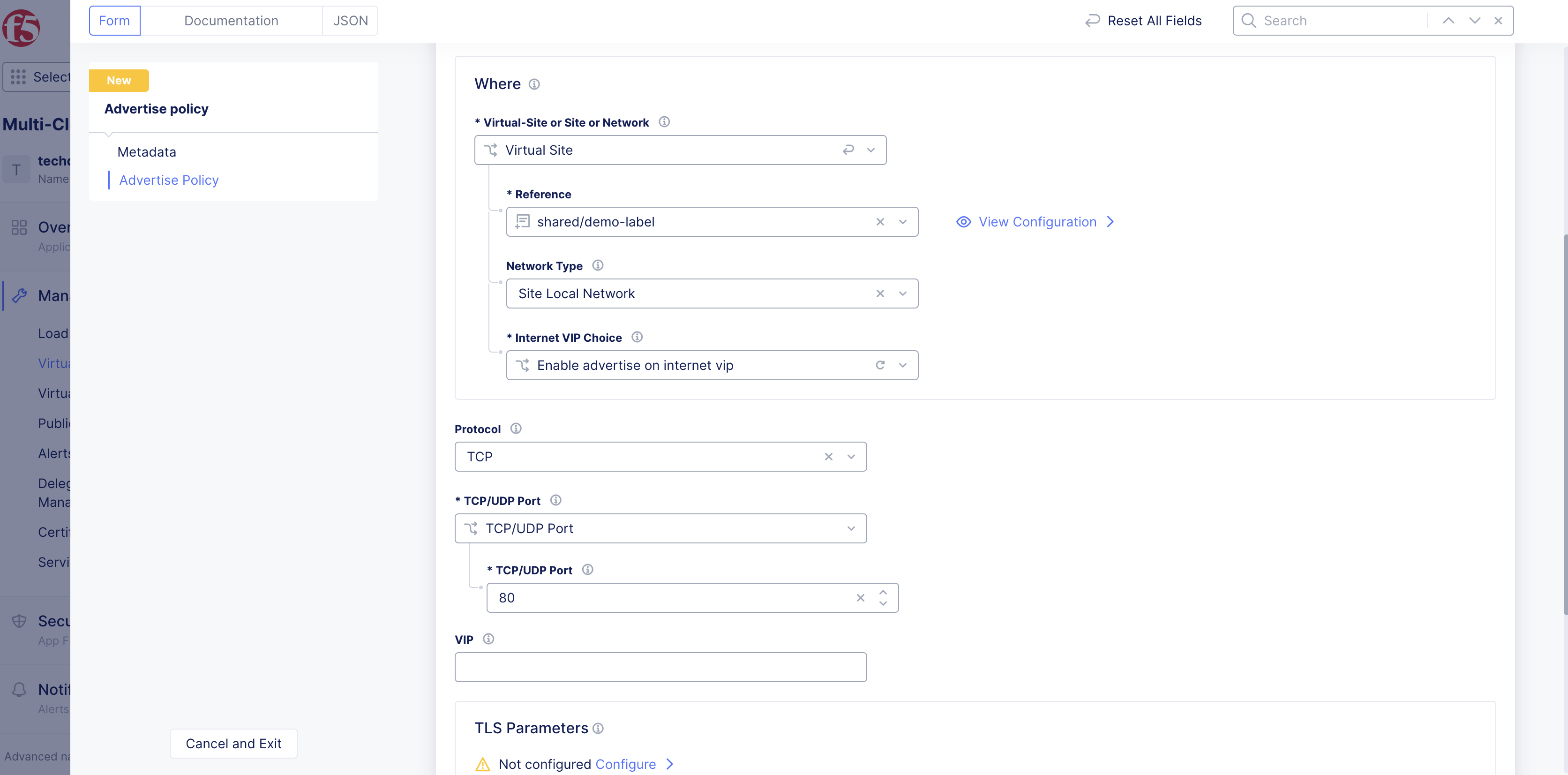 Figure: Advertise Policy Where Options