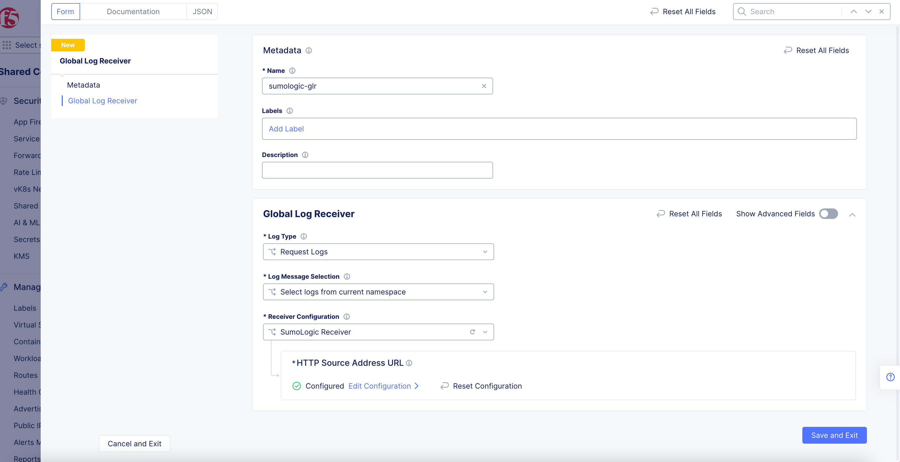 Figure: SumoLogic Log Receiver Configuration